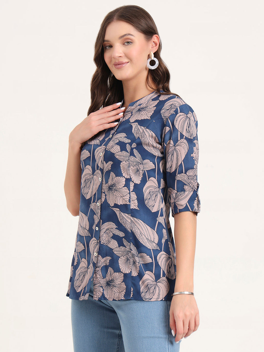 Noe Velarro Navy Blue Rayon Rollup Sleeves A-Line Top