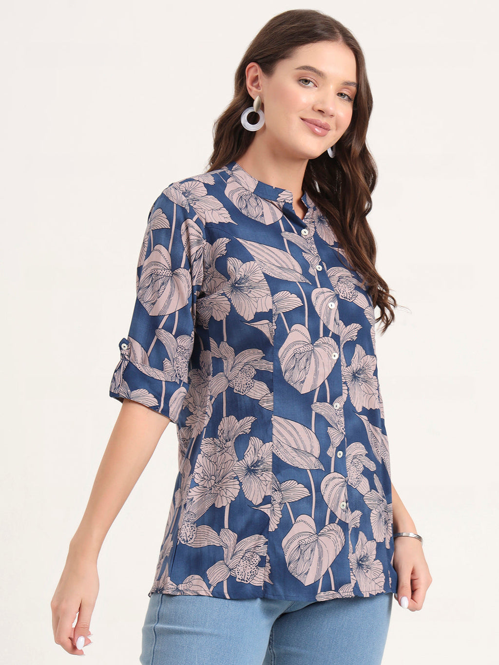 Noe Velarro Navy Blue Rayon Rollup Sleeves A-Line Top