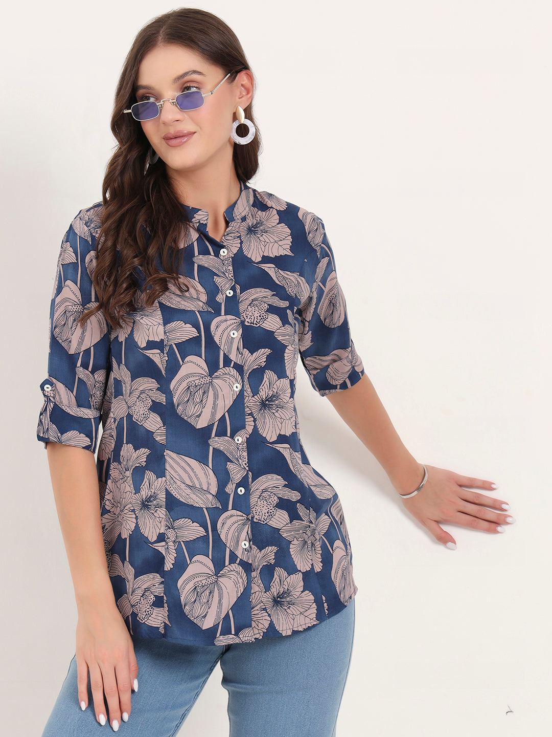 Noe Velarro Navy Blue Rayon Rollup Sleeves A-Line Top