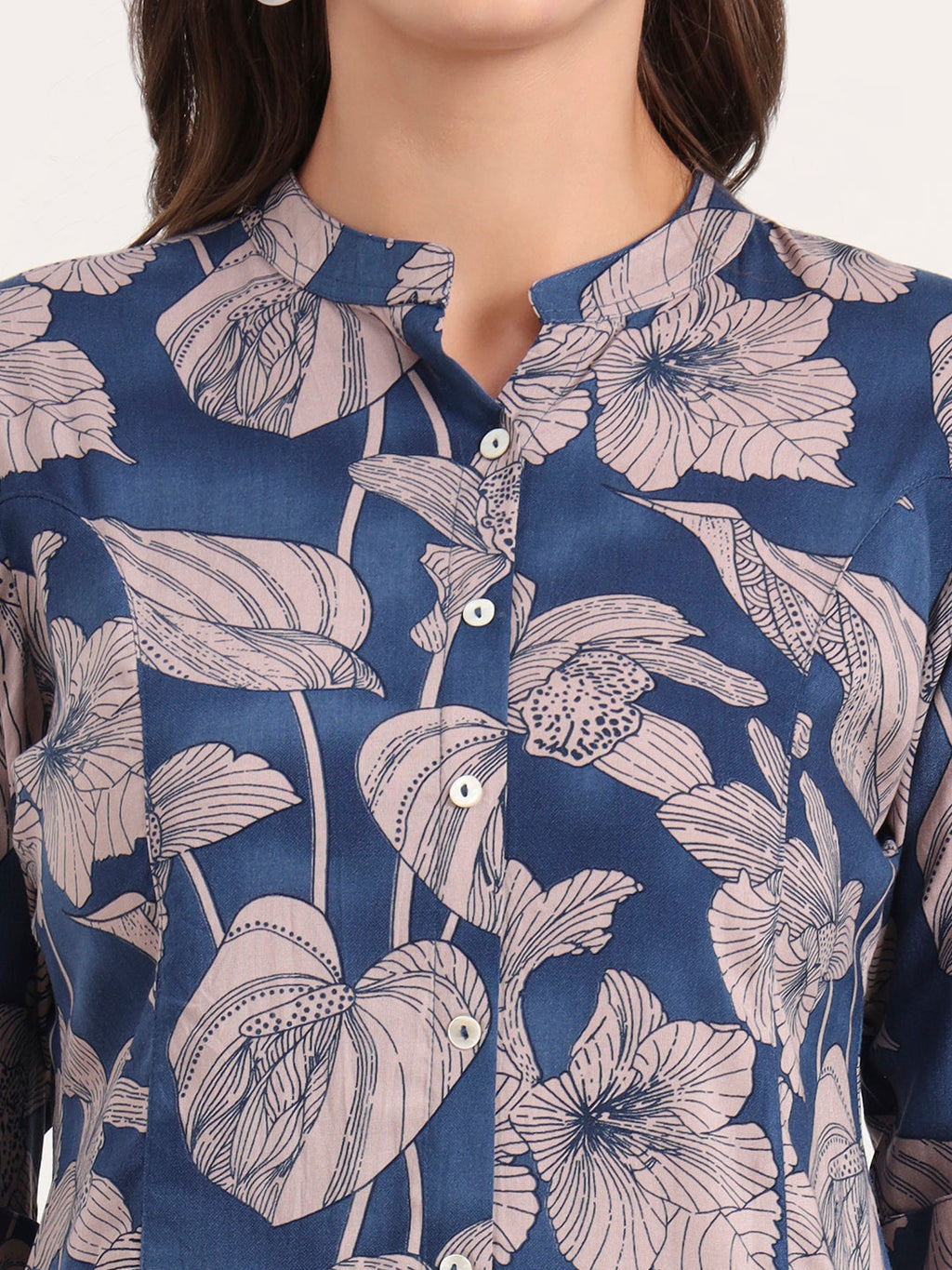 Noe Velarro Navy Blue Rayon Rollup Sleeves A-Line Top