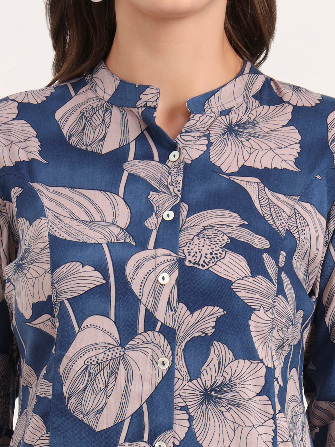 Noe Velarro Navy Blue Rayon Rollup Sleeves A-Line Top