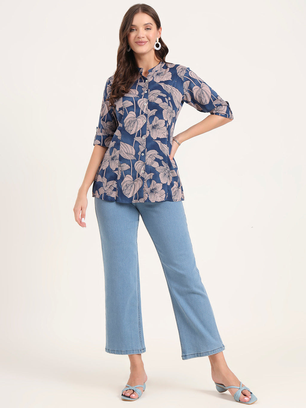 Noe Velarro Navy Blue Rayon Rollup Sleeves A-Line Top