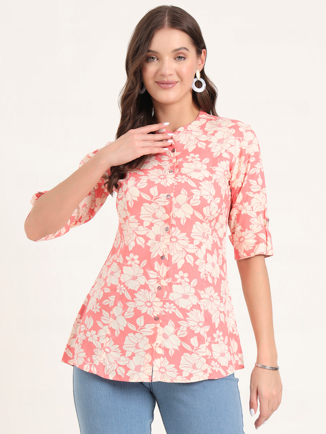 Noe Velarro Pink Rayon Rollup Sleeves A-Line Top