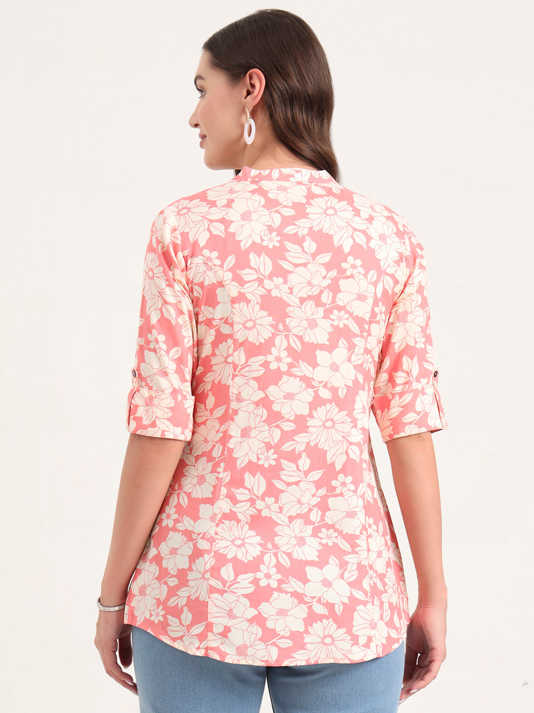 Noe Velarro Pink Rayon Rollup Sleeves A-Line Top