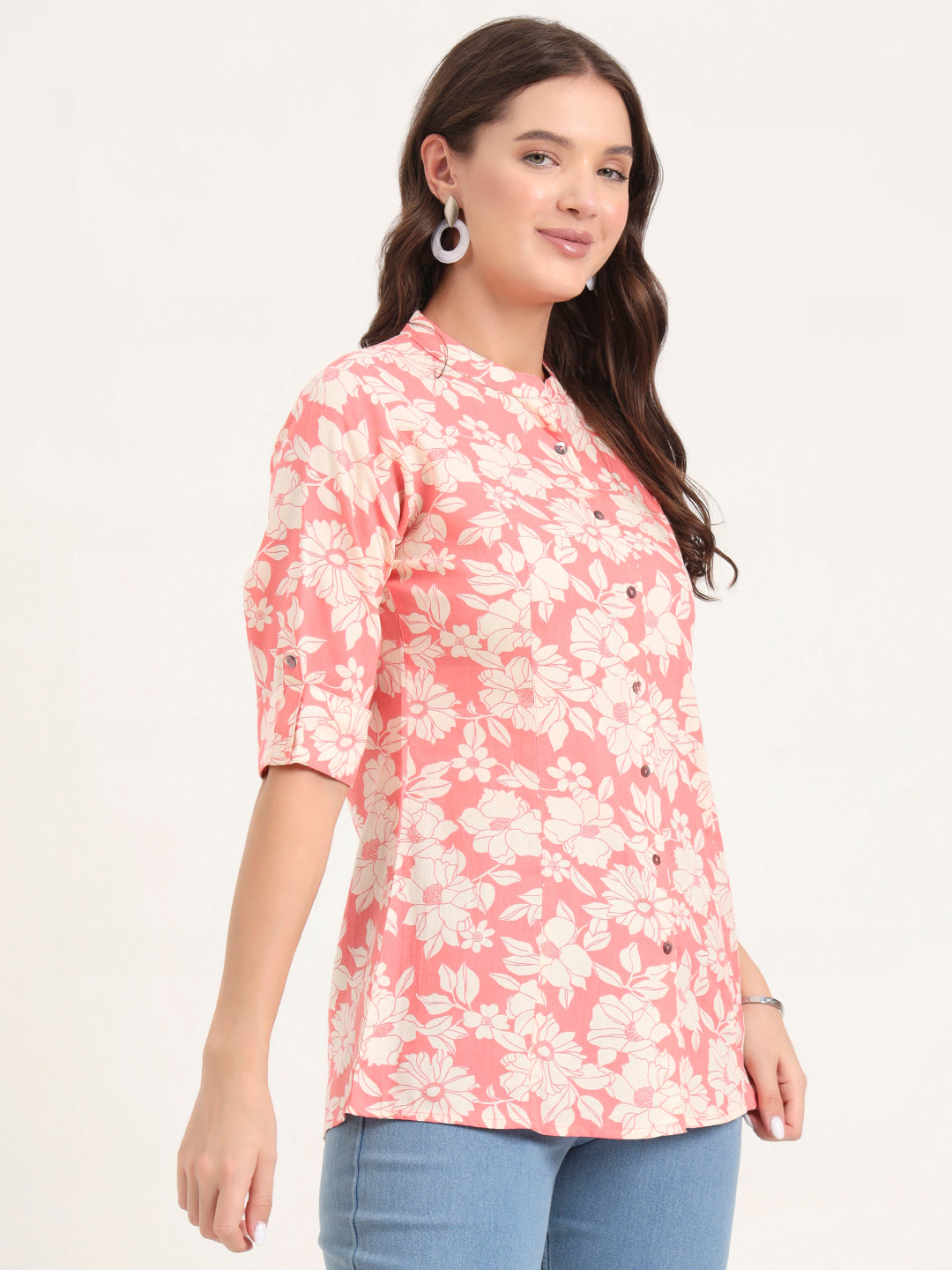 Noe Velarro Pink Rayon Rollup Sleeves A-Line Top