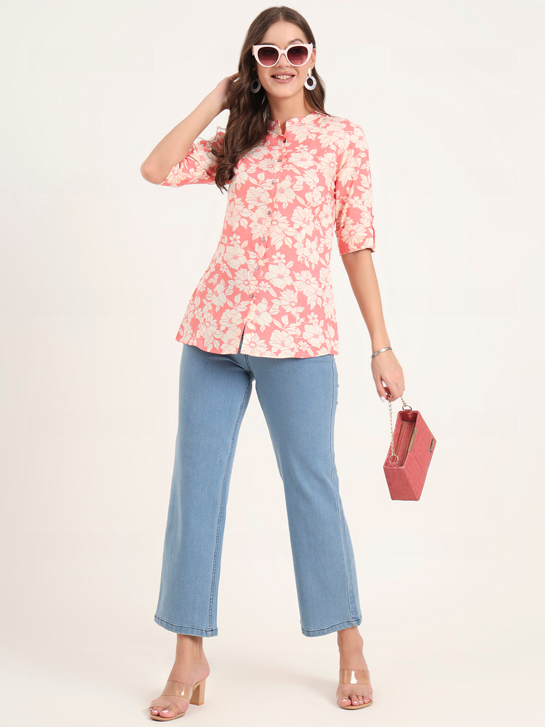 Noe Velarro Pink Rayon Rollup Sleeves A-Line Top