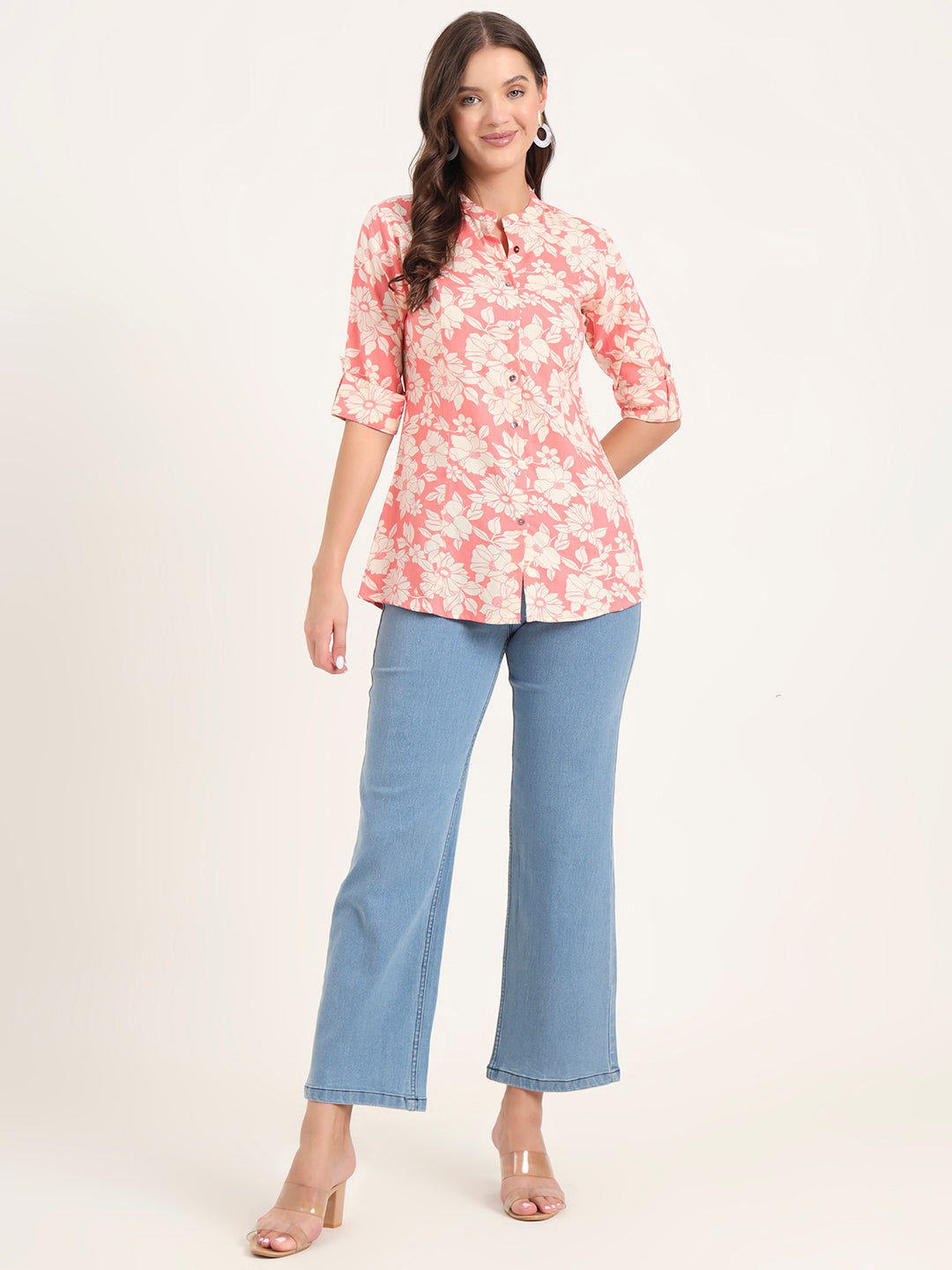 Noe Velarro Pink Rayon Rollup Sleeves A-Line Top