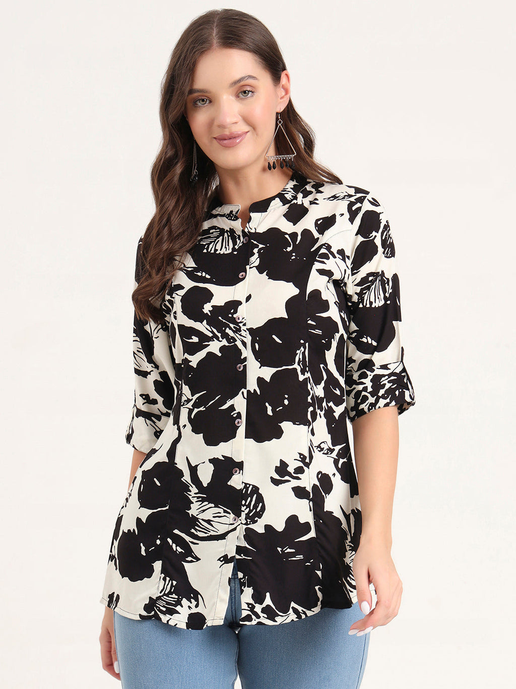 Noe Velarro Black Rayon Rollup Sleeves A-Line Top