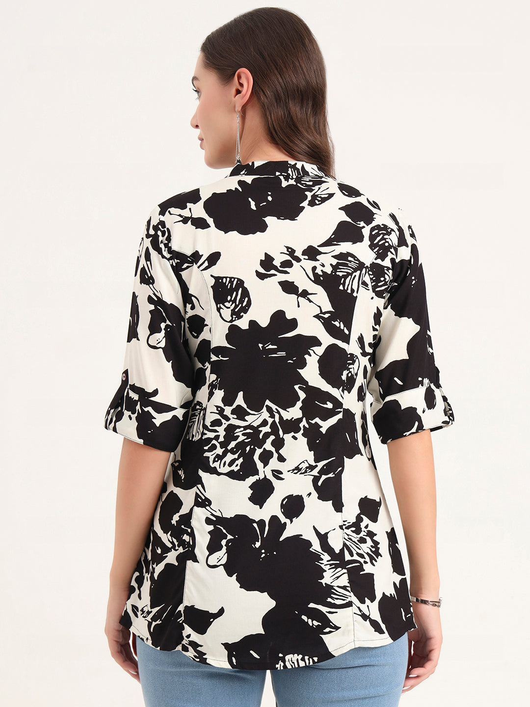 Noe Velarro Black Rayon Rollup Sleeves A-Line Top