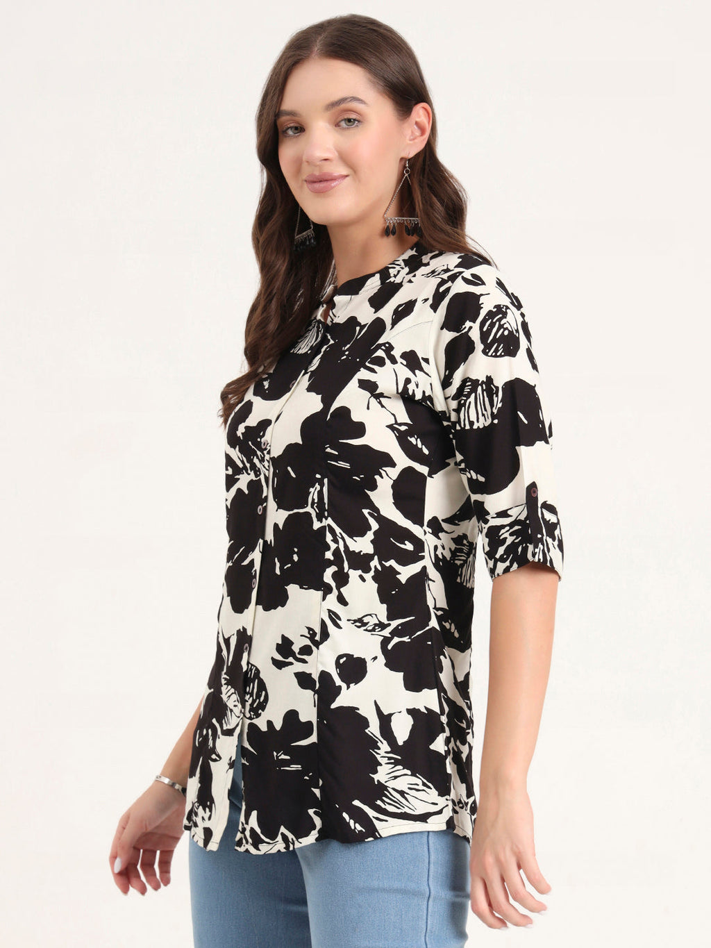 Noe Velarro Black Rayon Rollup Sleeves A-Line Top