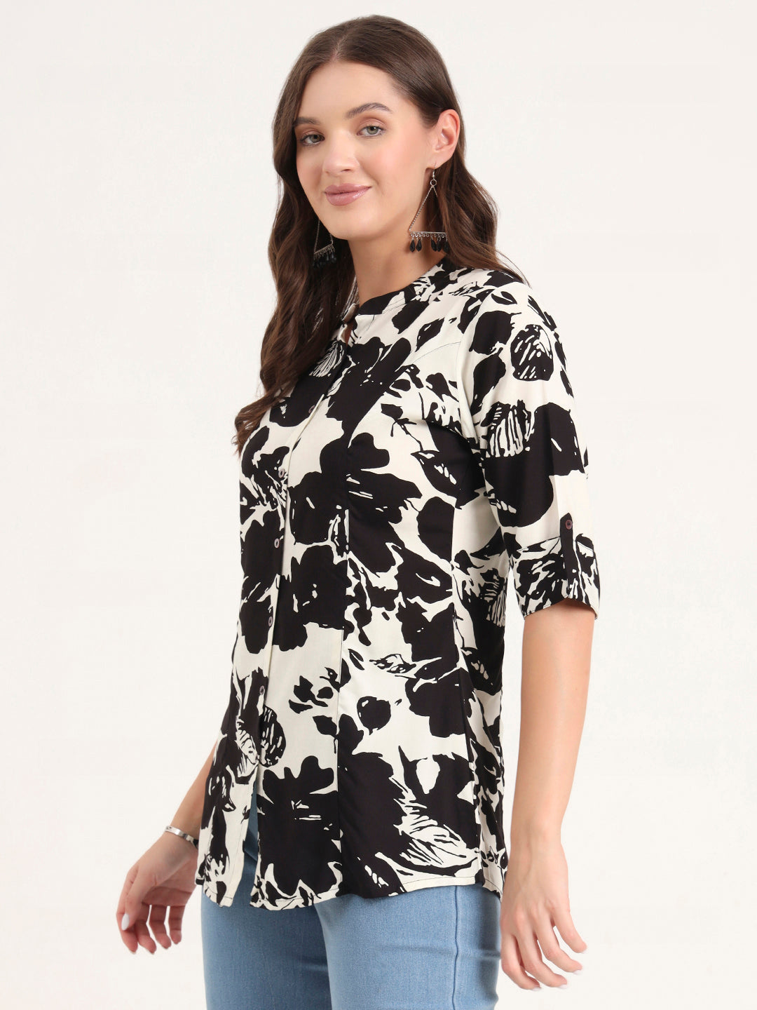Noe Velarro Black Rayon Rollup Sleeves A-Line Top