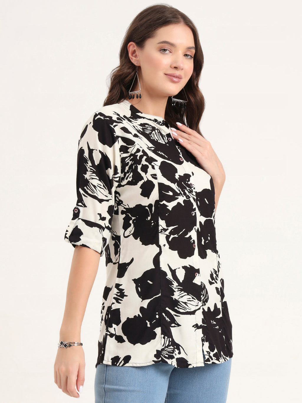 Noe Velarro Black Rayon Rollup Sleeves A-Line Top