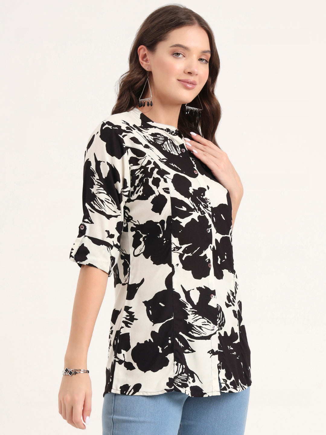Noe Velarro Black Rayon Rollup Sleeves A-Line Top