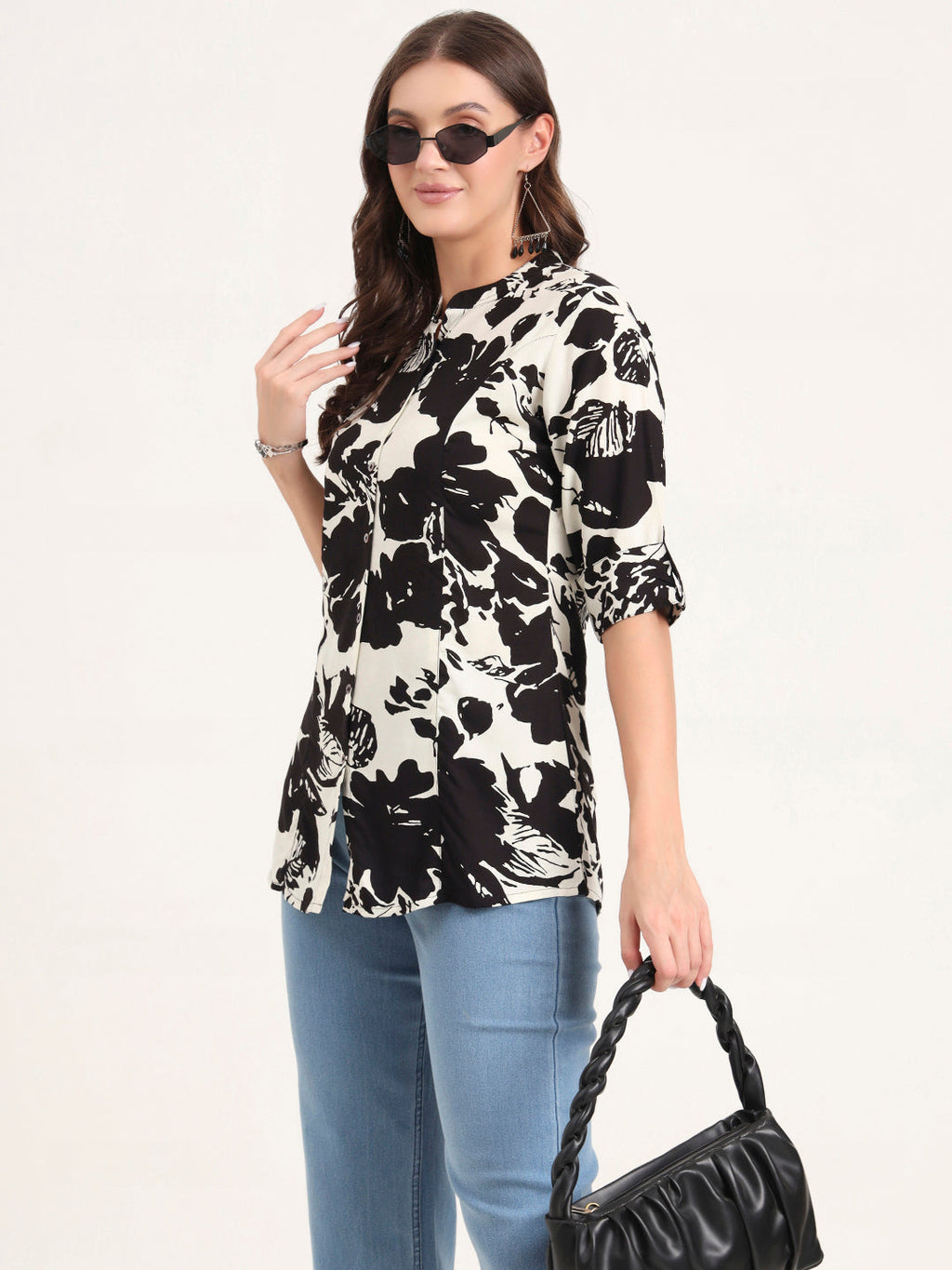 Noe Velarro Black Rayon Rollup Sleeves A-Line Top