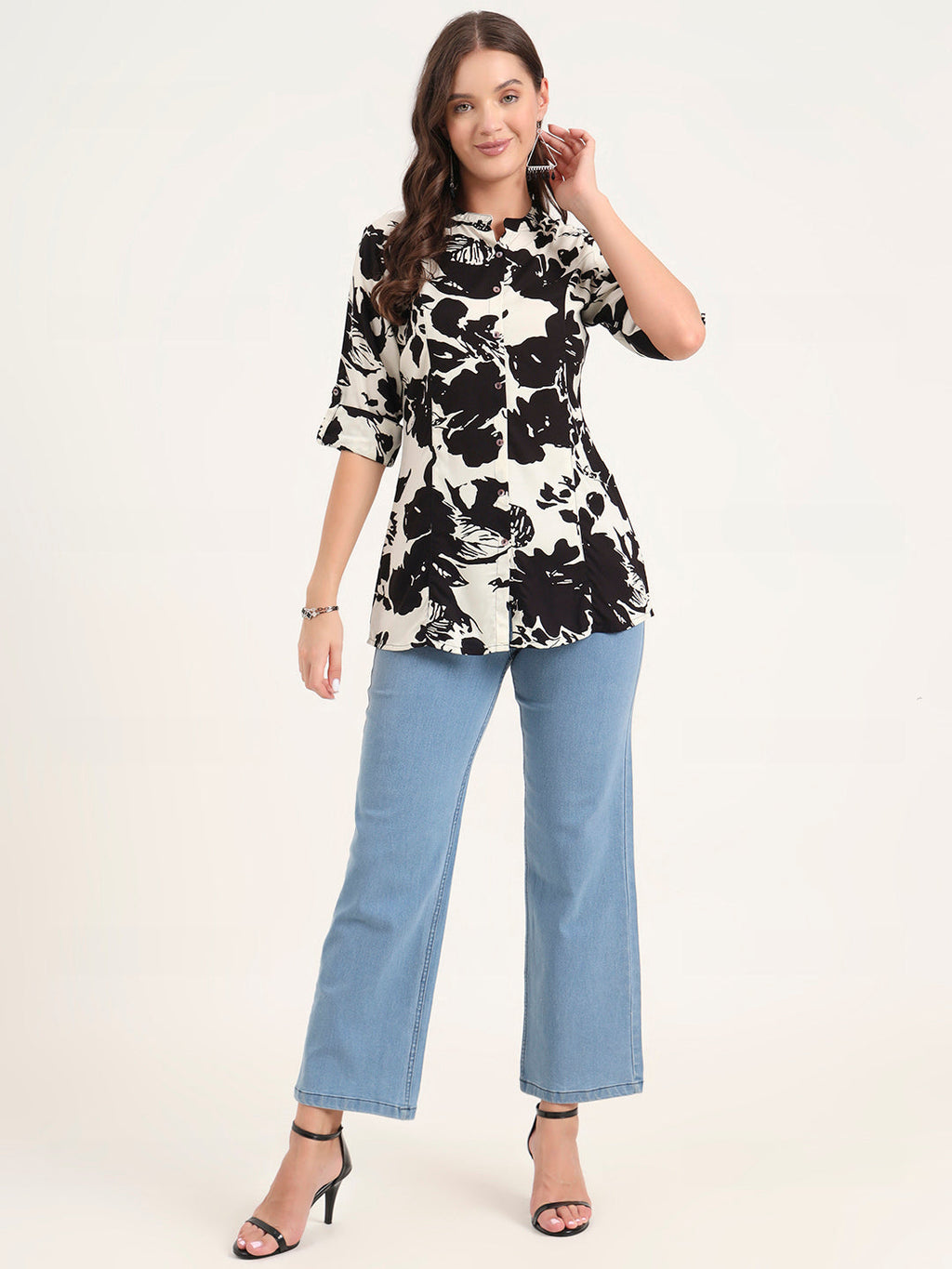 Noe Velarro Black Rayon Rollup Sleeves A-Line Top