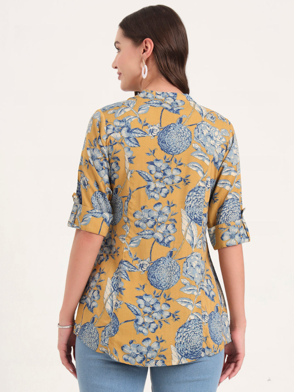Noe Velarro Mustard Rayon Rollup Sleeves A-Line Top