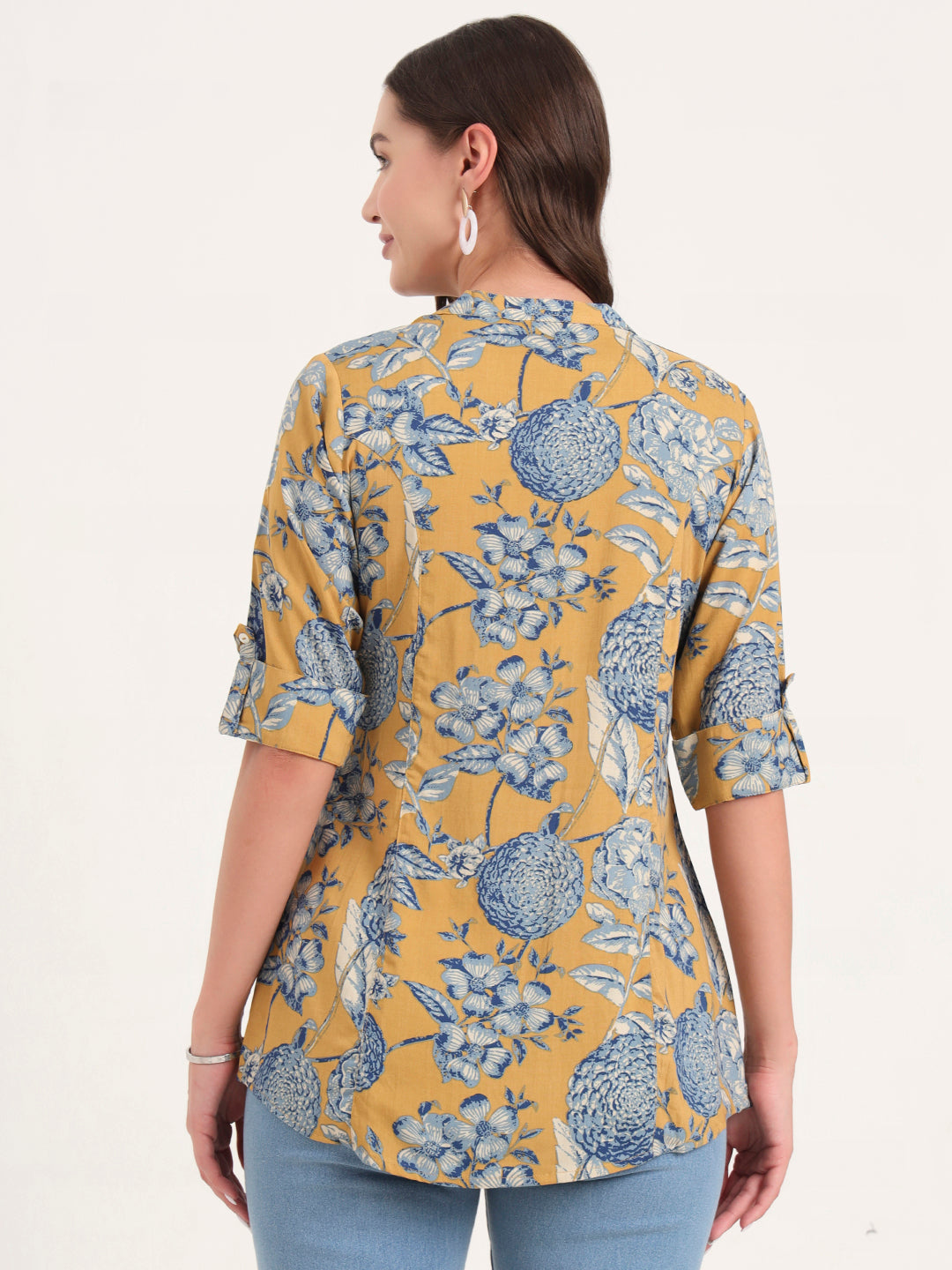 Noe Velarro Mustard Rayon Rollup Sleeves A-Line Top