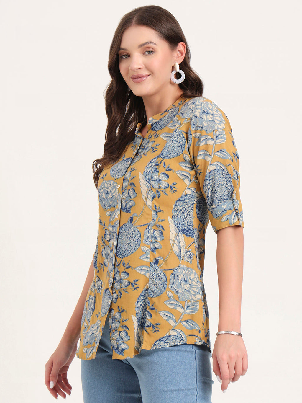 Noe Velarro Mustard Rayon Rollup Sleeves A-Line Top