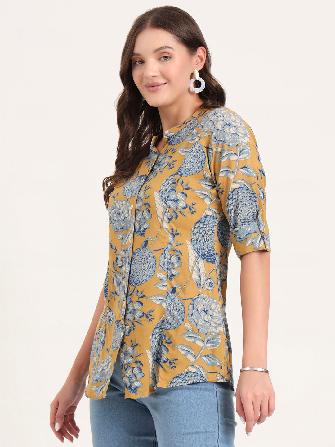 Noe Velarro Mustard Rayon Rollup Sleeves A-Line Top