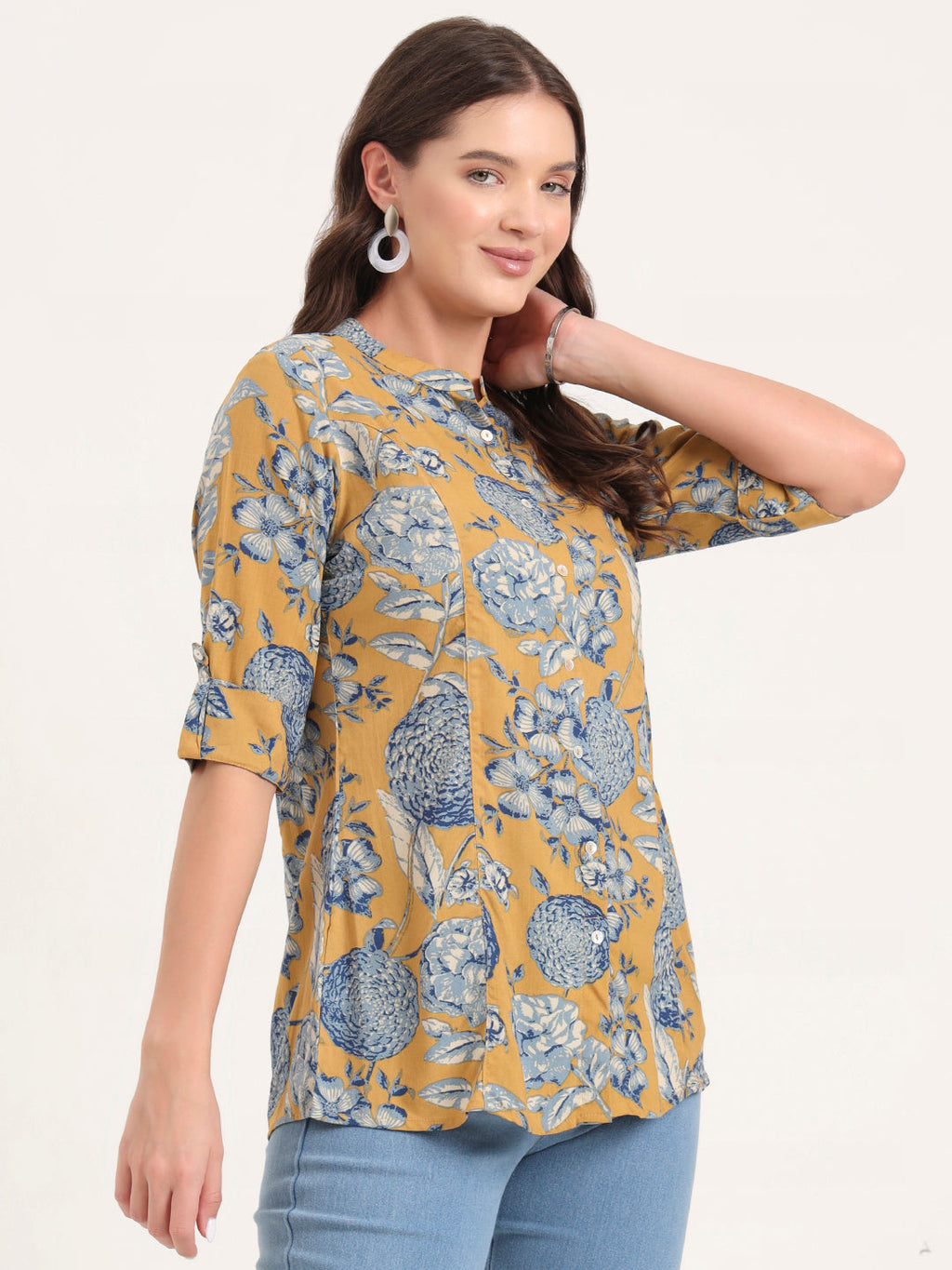 Noe Velarro Mustard Rayon Rollup Sleeves A-Line Top