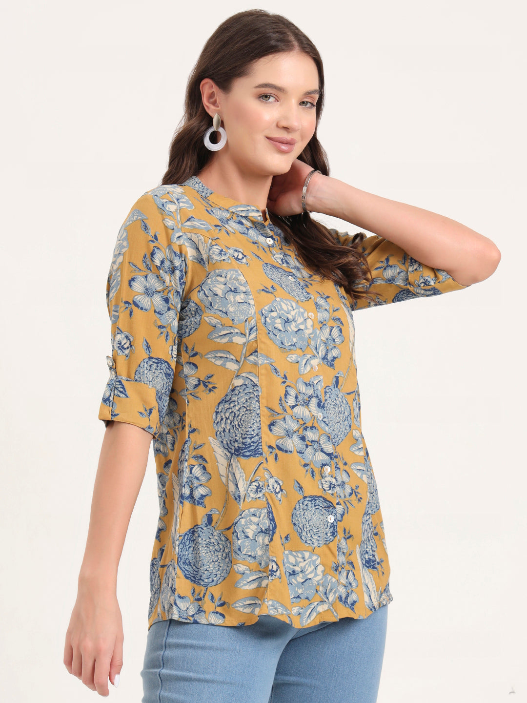 Noe Velarro Mustard Rayon Rollup Sleeves A-Line Top