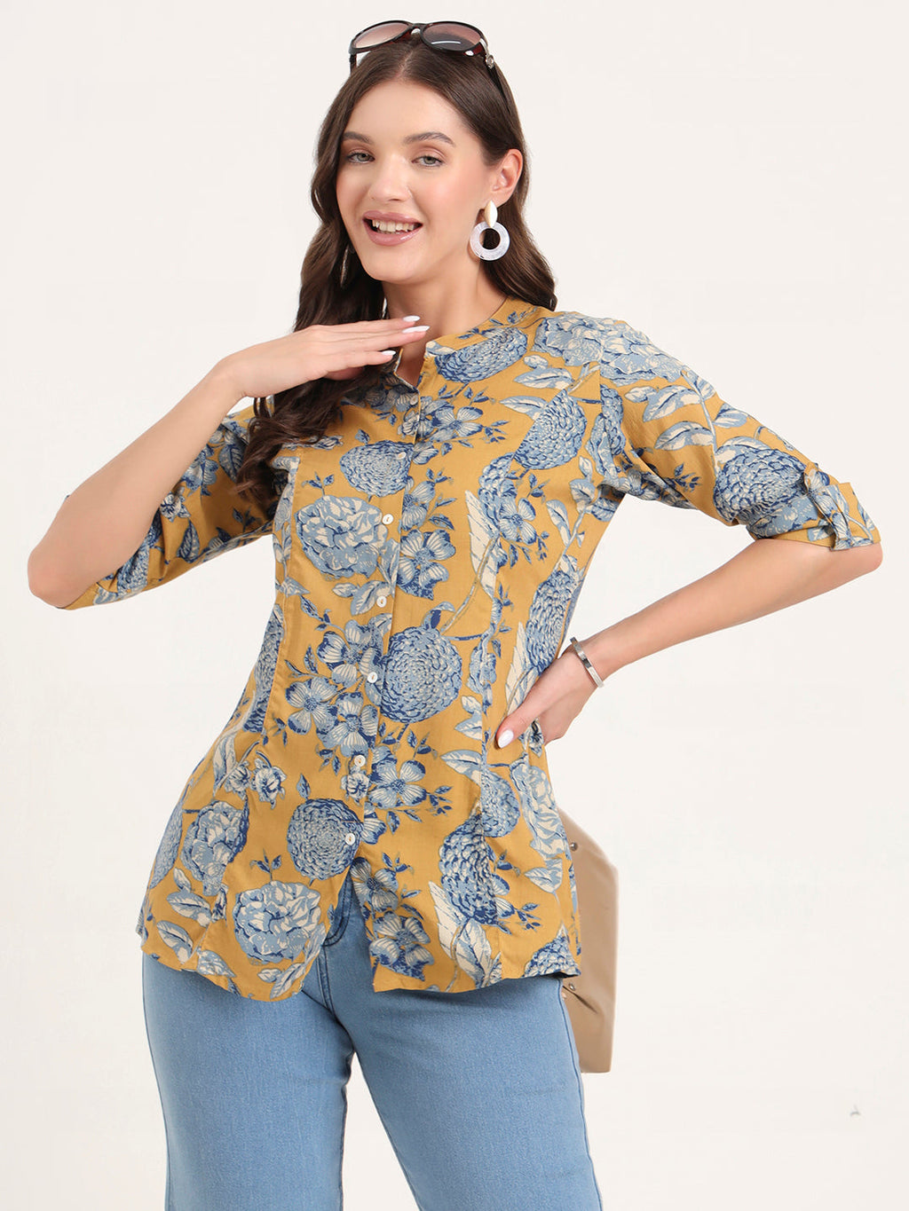 Noe Velarro Mustard Rayon Rollup Sleeves A-Line Top