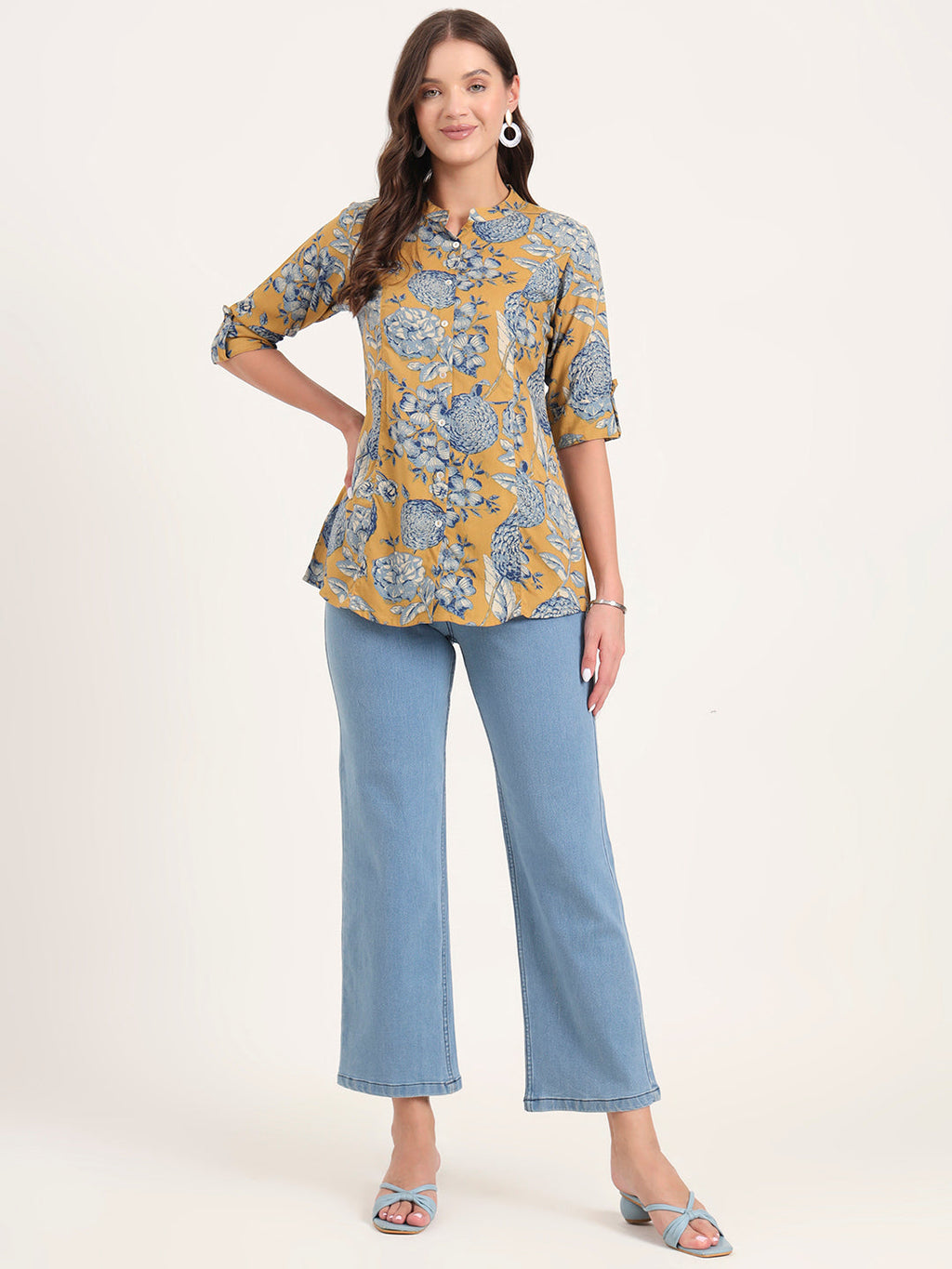 Noe Velarro Mustard Rayon Rollup Sleeves A-Line Top