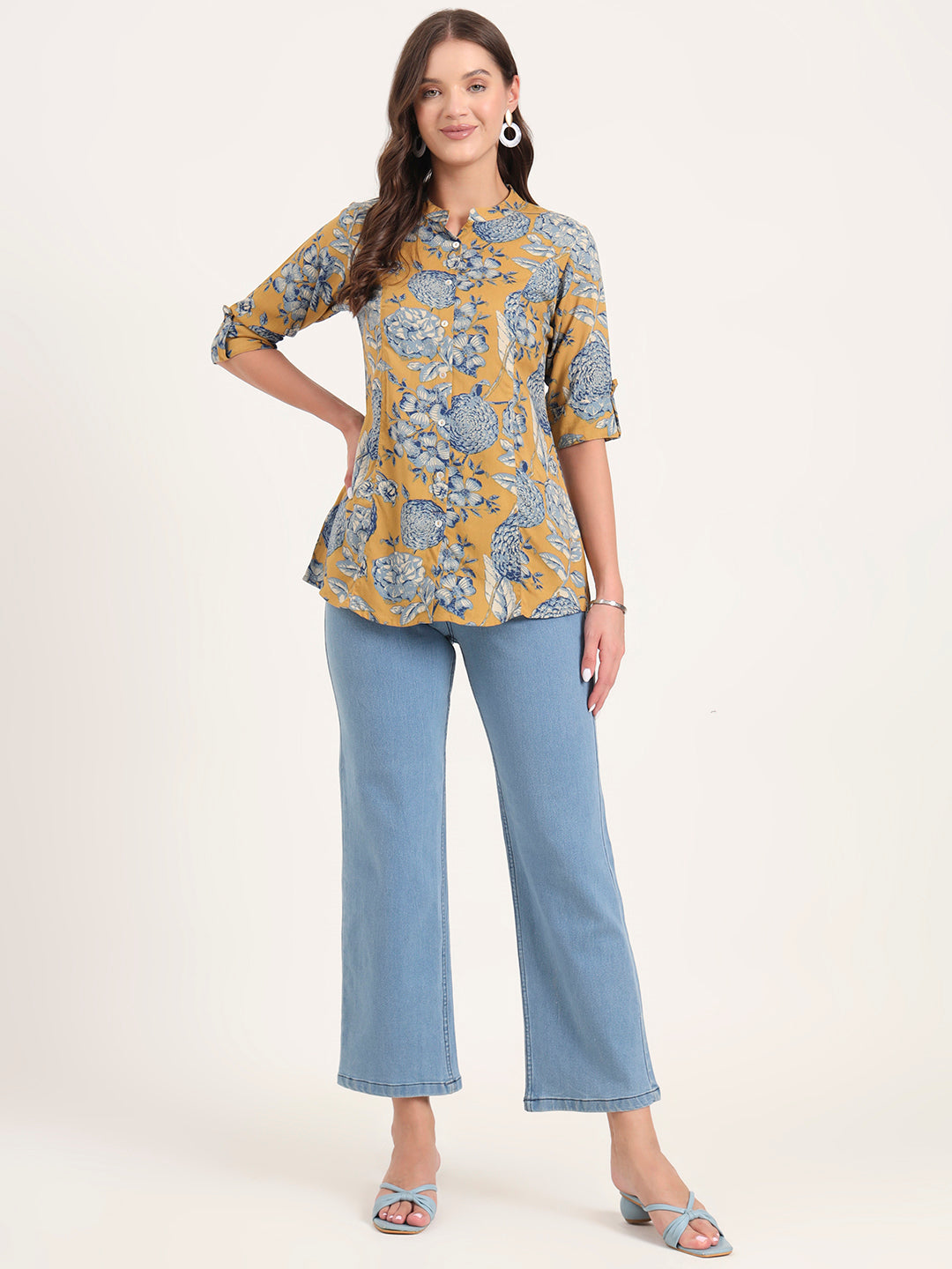 Noe Velarro Mustard Rayon Rollup Sleeves A-Line Top