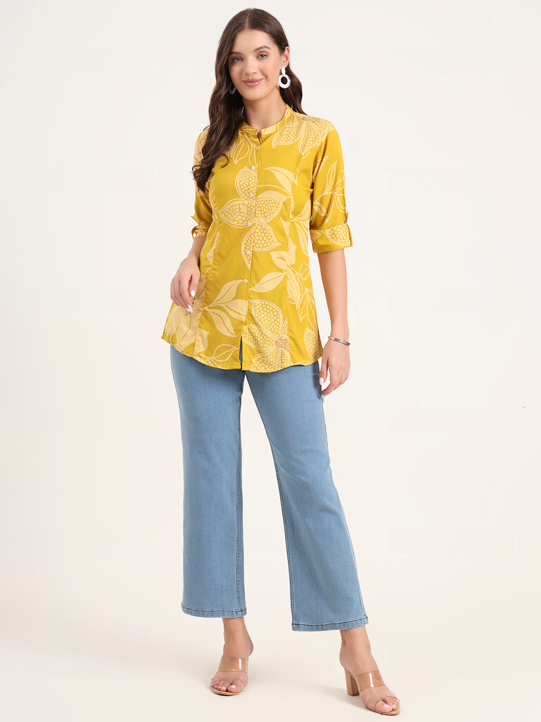 Noe Velarro Mustard Rayon Rollup Sleeves A-Line Top