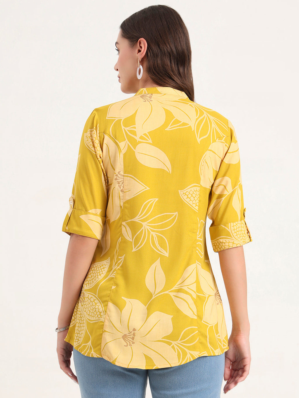 Noe Velarro Mustard Rayon Rollup Sleeves A-Line Top