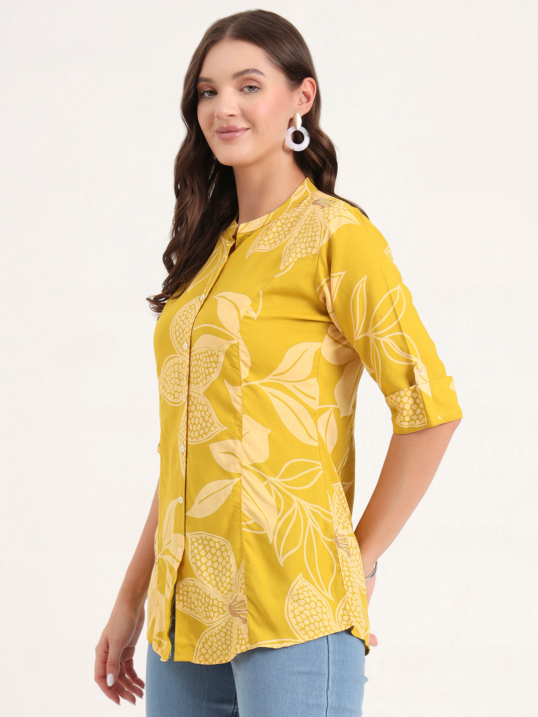 Noe Velarro Mustard Rayon Rollup Sleeves A-Line Top