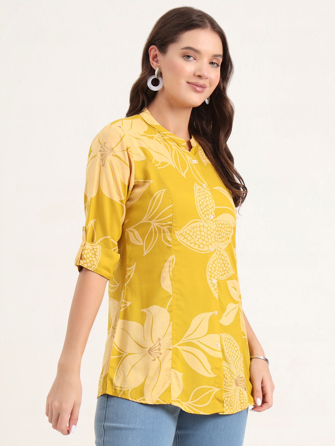 Noe Velarro Mustard Rayon Rollup Sleeves A-Line Top