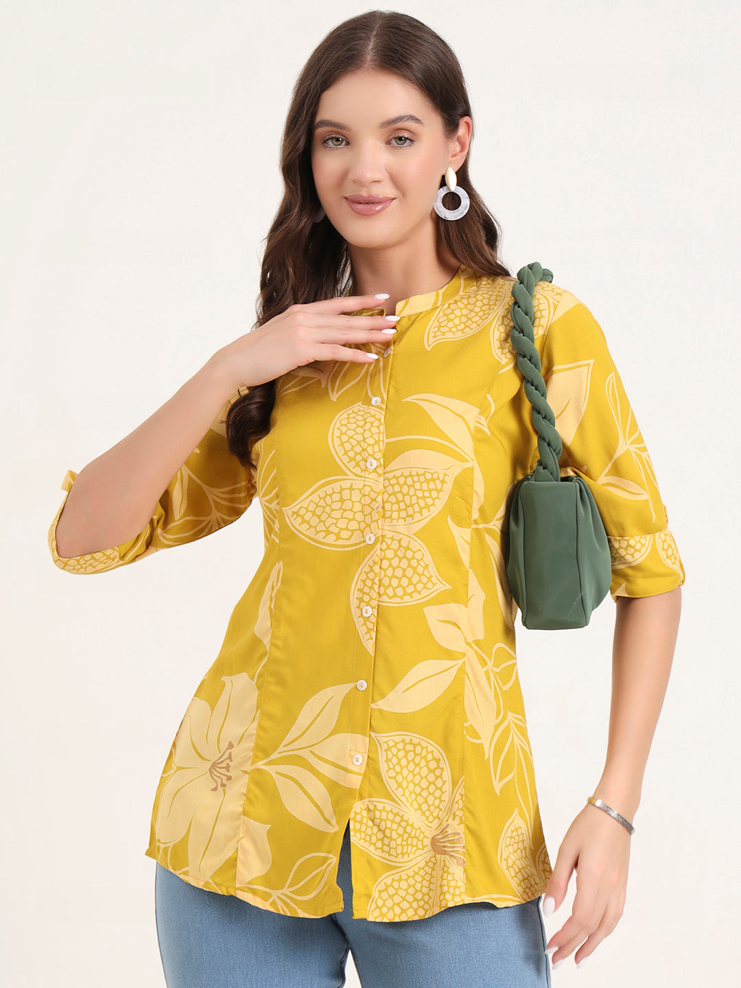 Noe Velarro Mustard Rayon Rollup Sleeves A-Line Top