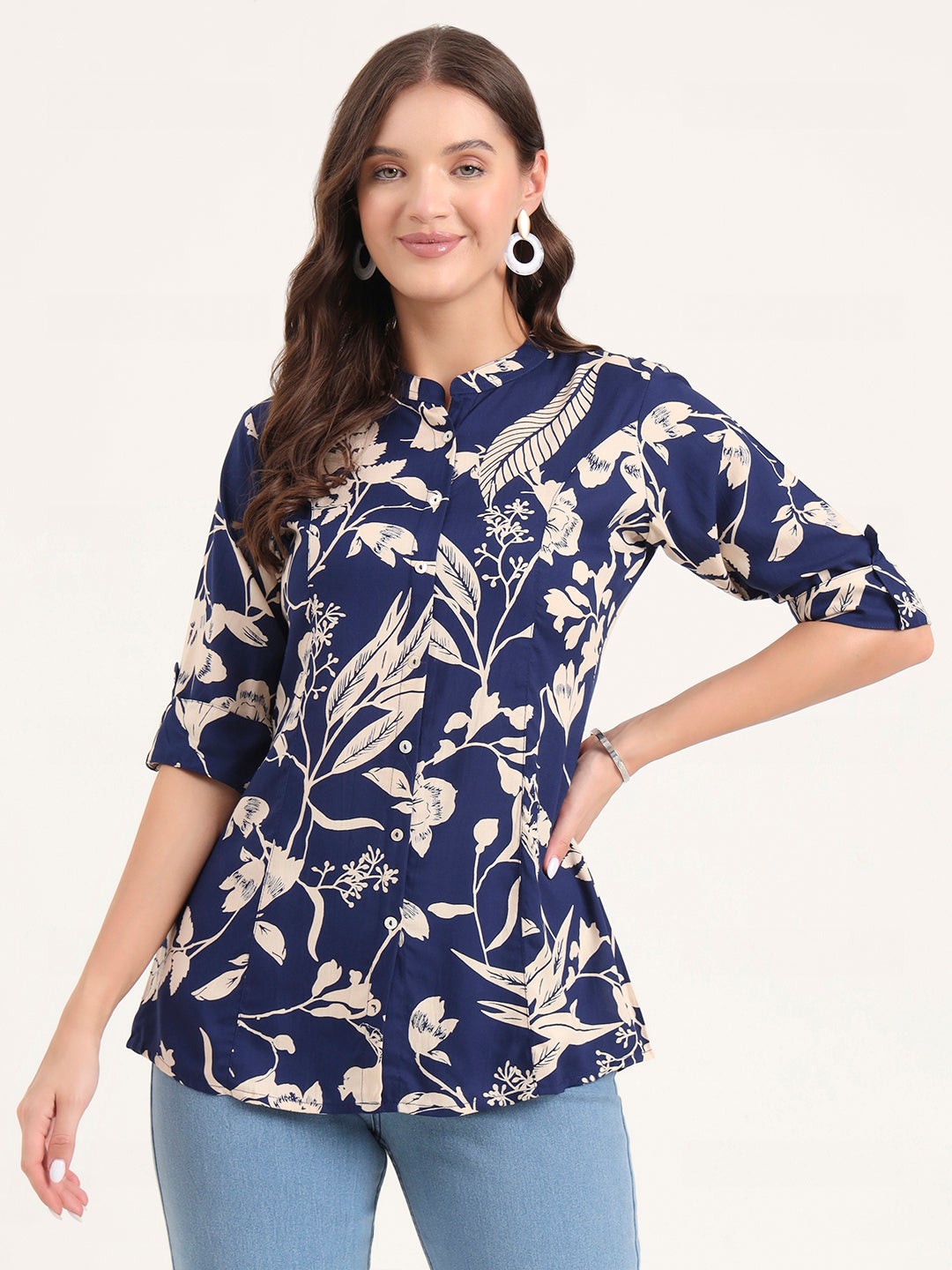 Noe Velarro Blue Rayon Rollup Sleeves A-Line Top
