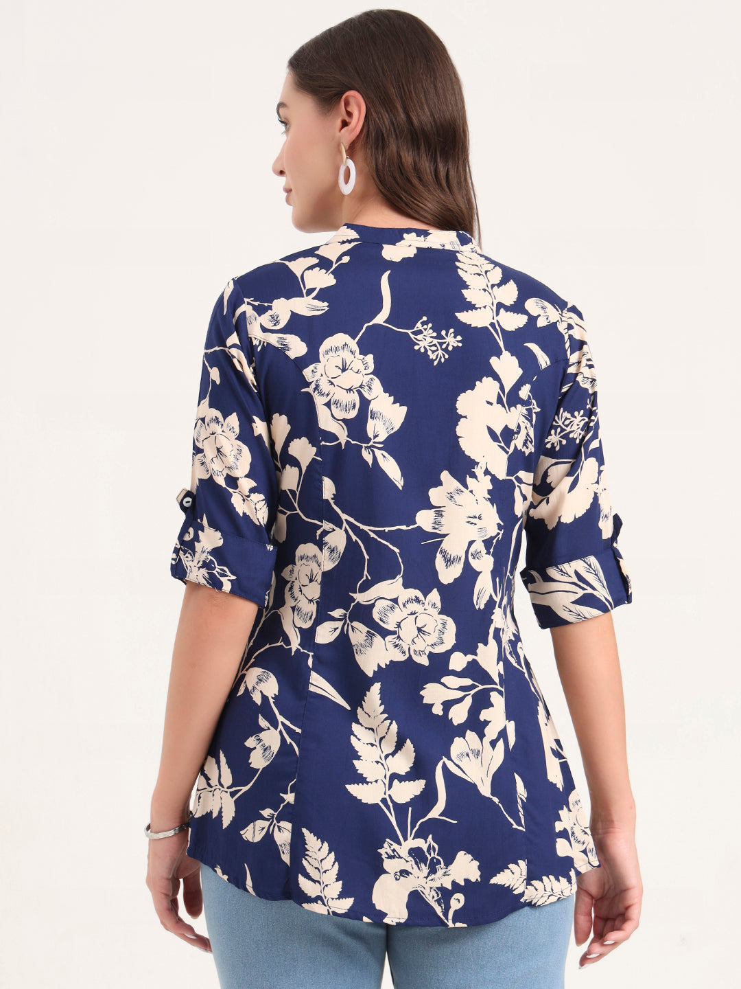 Noe Velarro Blue Rayon Rollup Sleeves A-Line Top