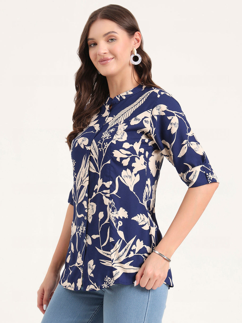 Noe Velarro Blue Rayon Rollup Sleeves A-Line Top