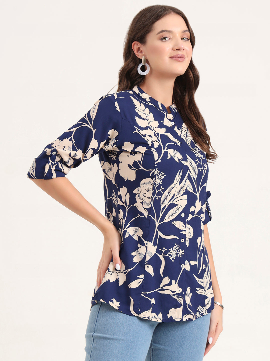 Noe Velarro Blue Rayon Rollup Sleeves A-Line Top