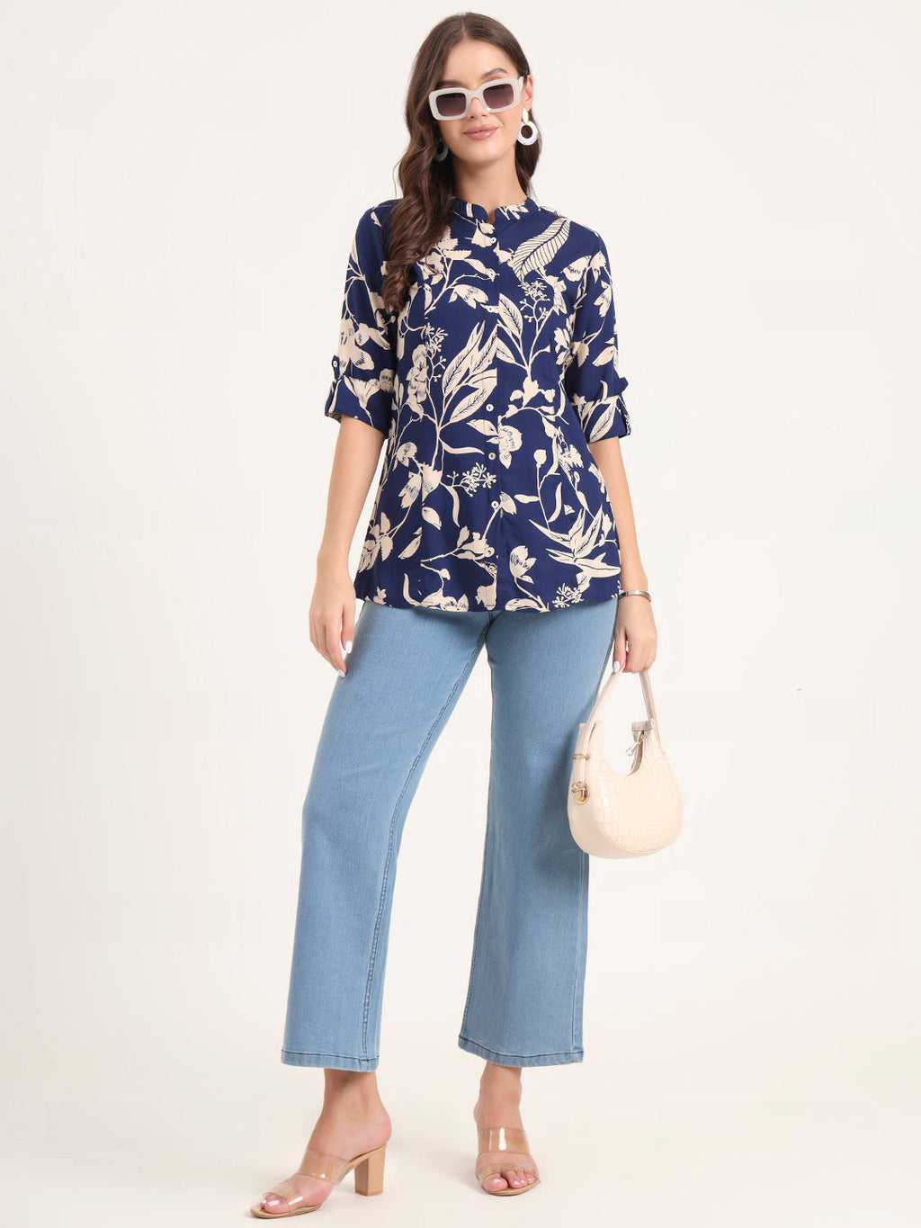 Noe Velarro Blue Rayon Rollup Sleeves A-Line Top