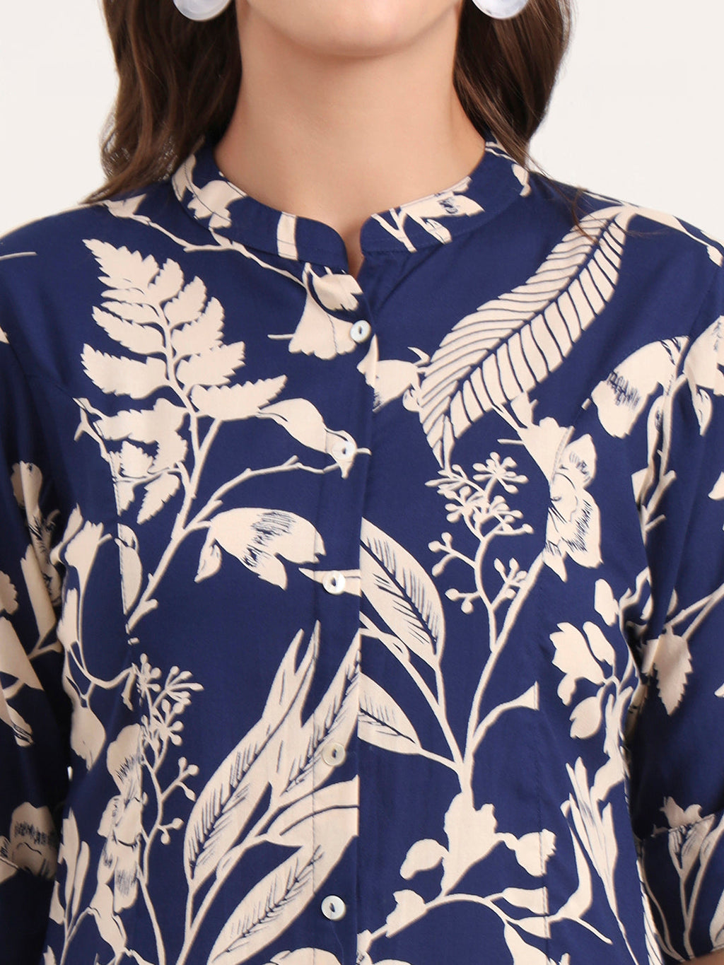 Noe Velarro Blue Rayon Rollup Sleeves A-Line Top