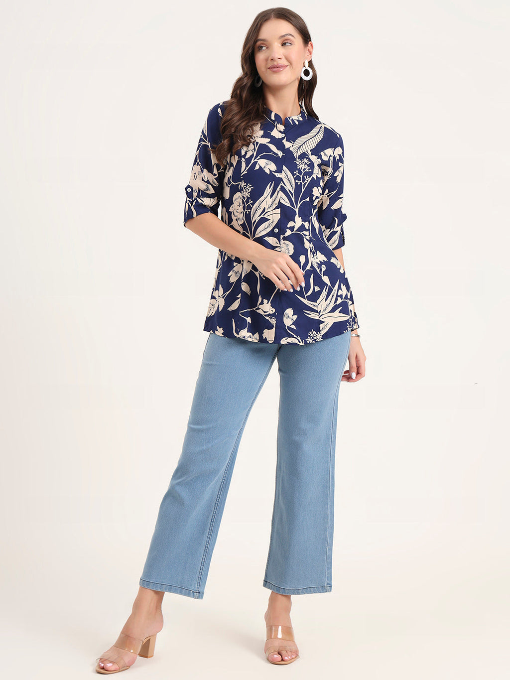 Noe Velarro Blue Rayon Rollup Sleeves A-Line Top