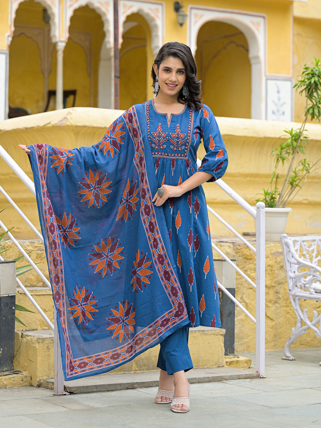 Noe Velarro Navy Blue Cotton Embroidery Kurta Pant Set with Dupatta