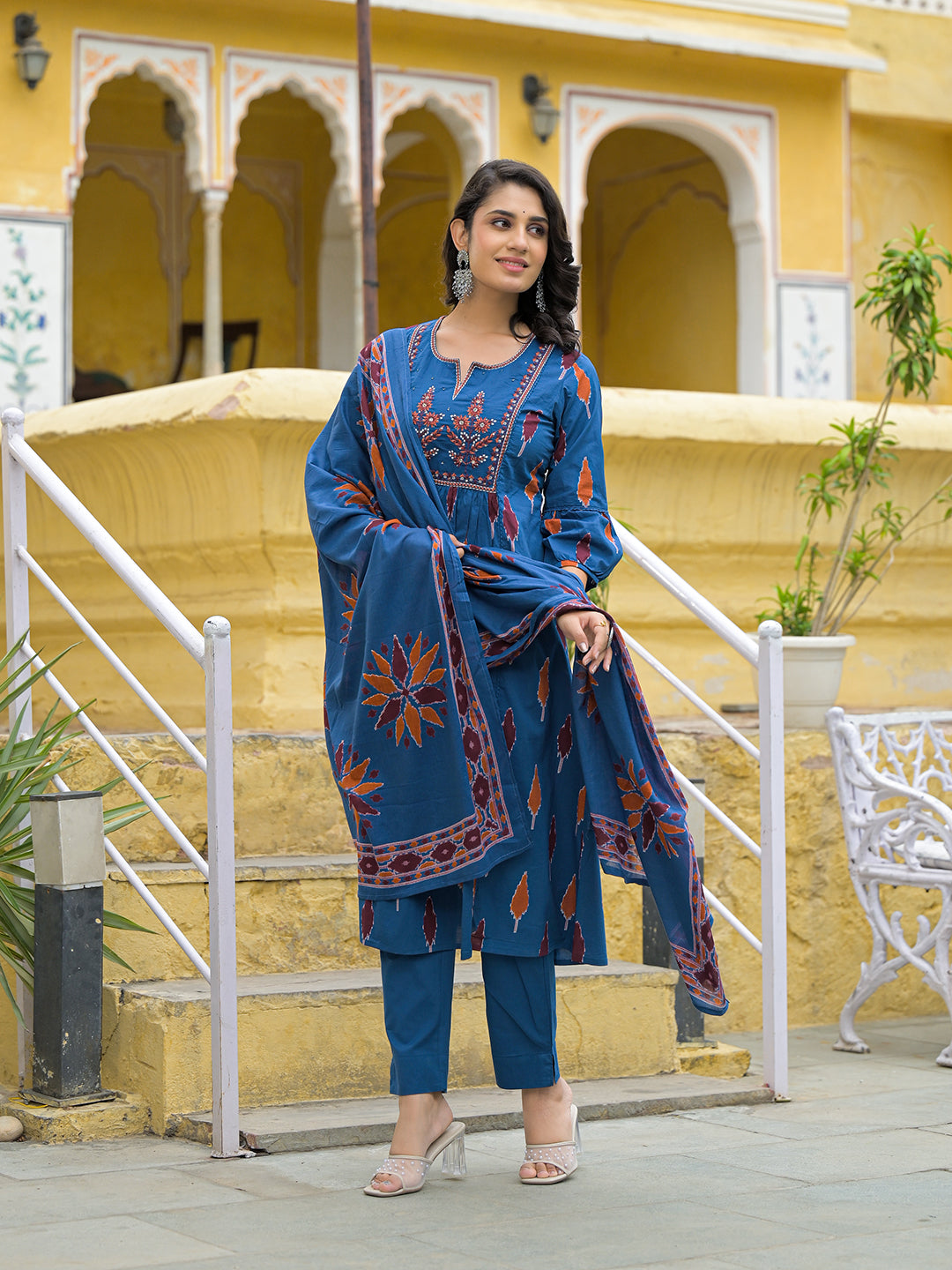 Noe Velarro Navy Blue Cotton Embroidery Kurta Pant Set with Dupatta