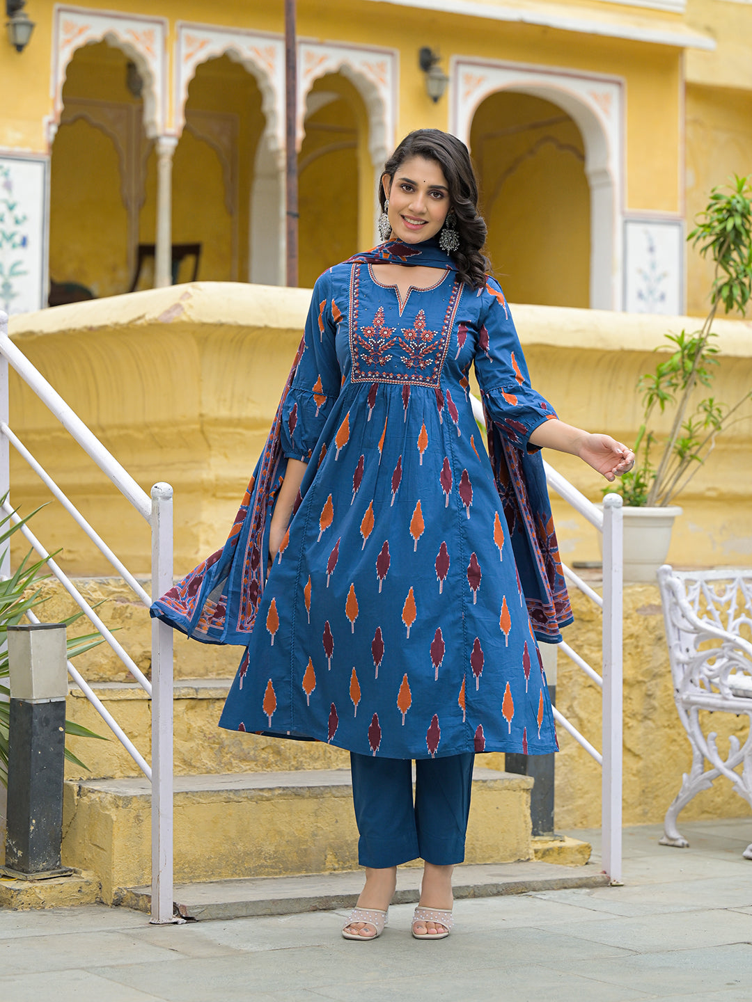 Noe Velarro Navy Blue Cotton Embroidery Kurta Pant Set with Dupatta