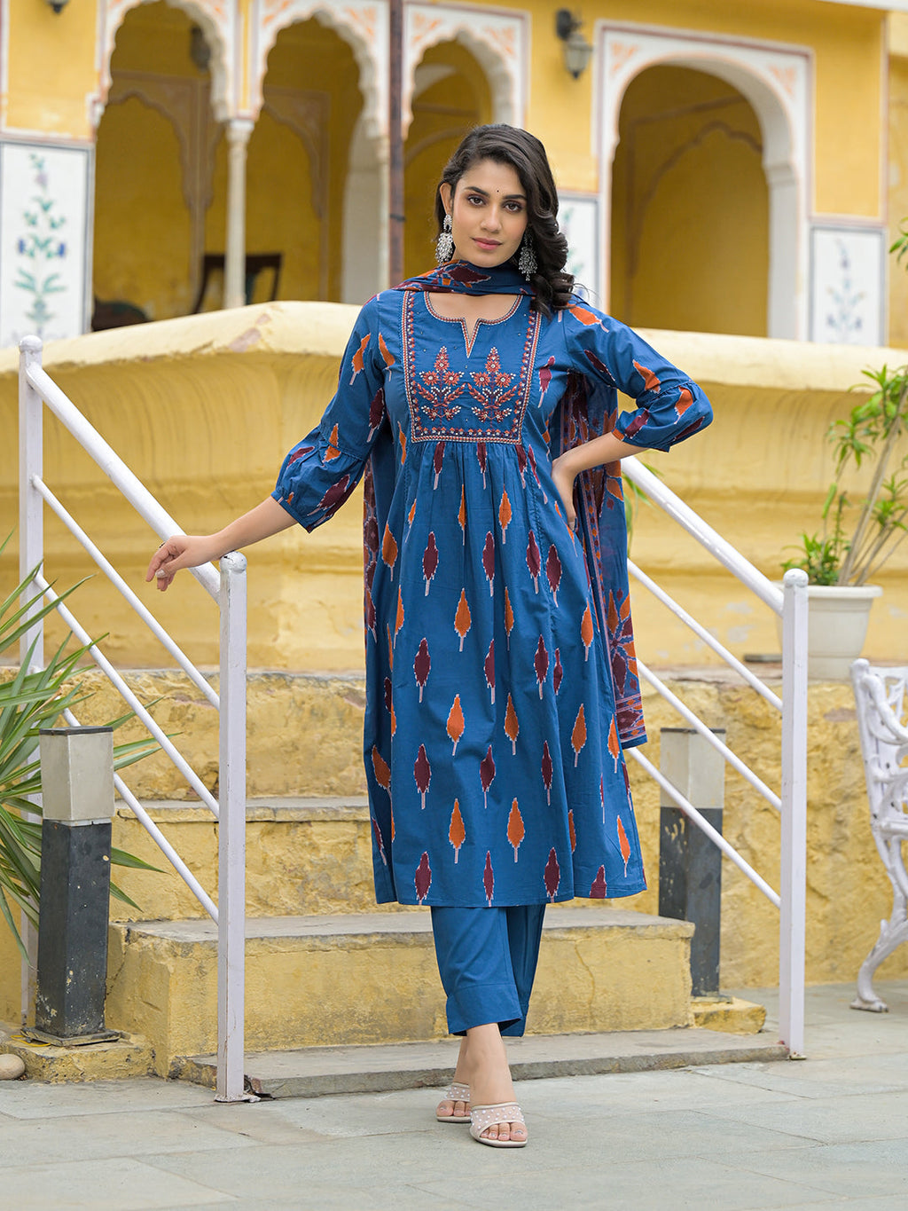 Noe Velarro Navy Blue Cotton Embroidery Kurta Pant Set with Dupatta