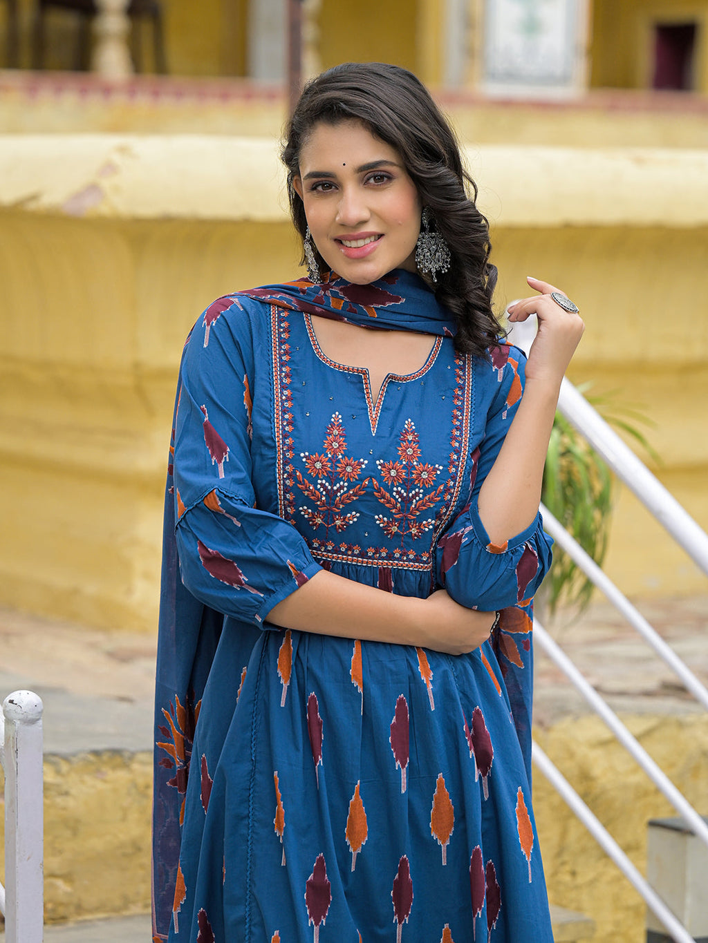 Noe Velarro Navy Blue Cotton Embroidery Kurta Pant Set with Dupatta