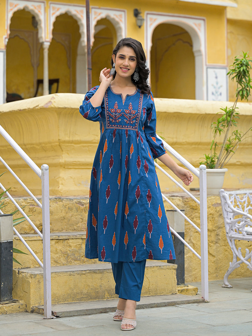 Noe Velarro Navy Blue Cotton Embroidery Kurta Pant Set with Dupatta