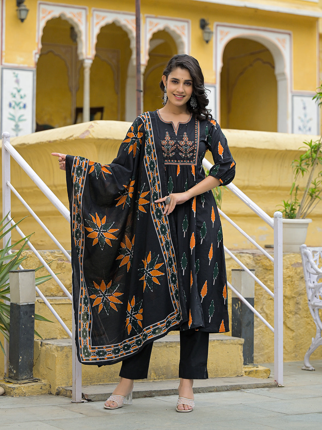 Noe Velarro Black Cotton Embroidery Kurta Pant Set with Dupatta