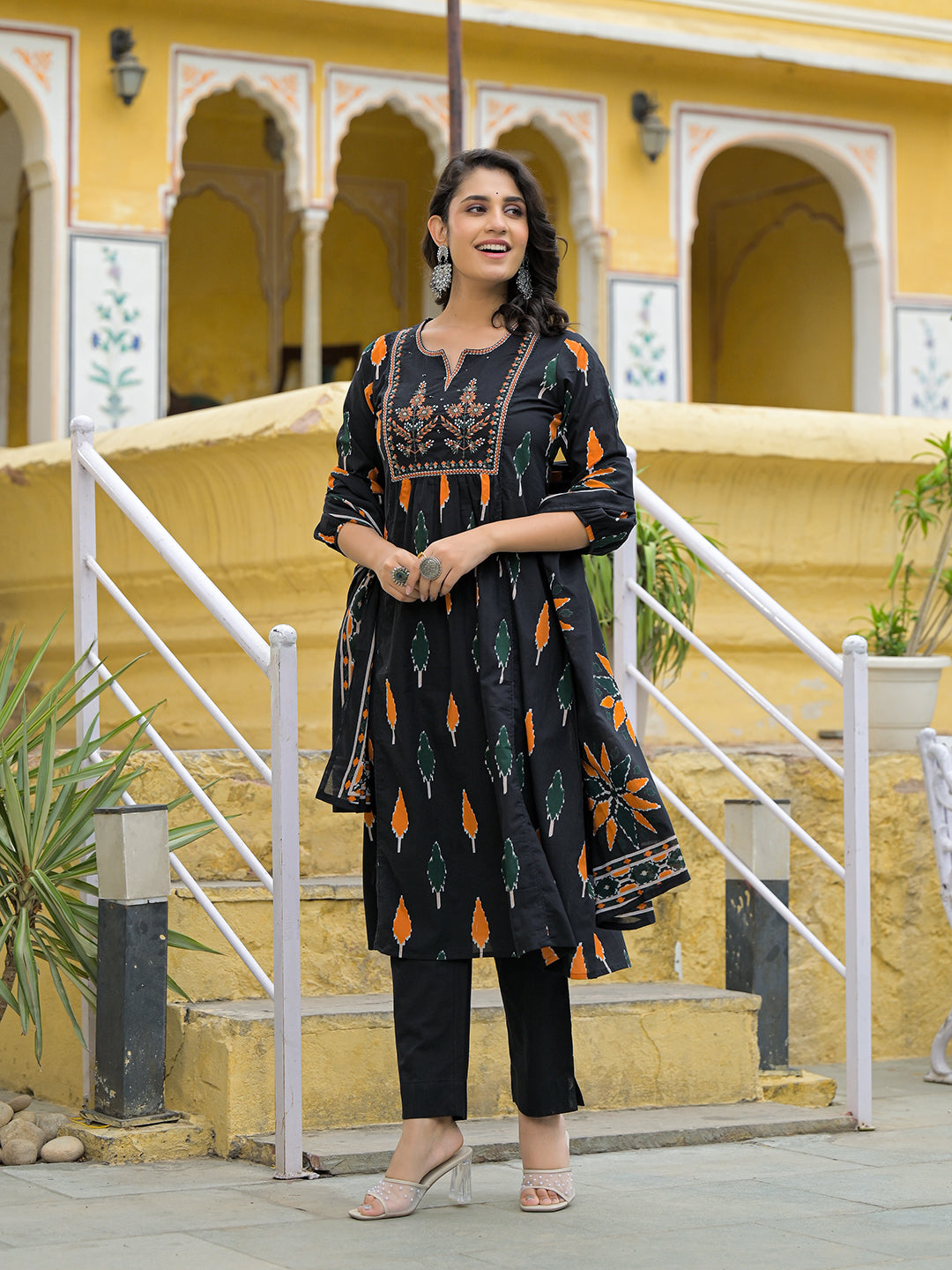 Noe Velarro Black Cotton Embroidery Kurta Pant Set with Dupatta