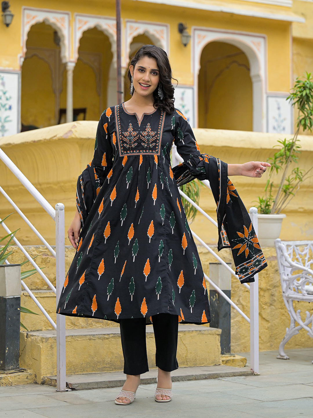 Noe Velarro Black Cotton Embroidery Kurta Pant Set with Dupatta