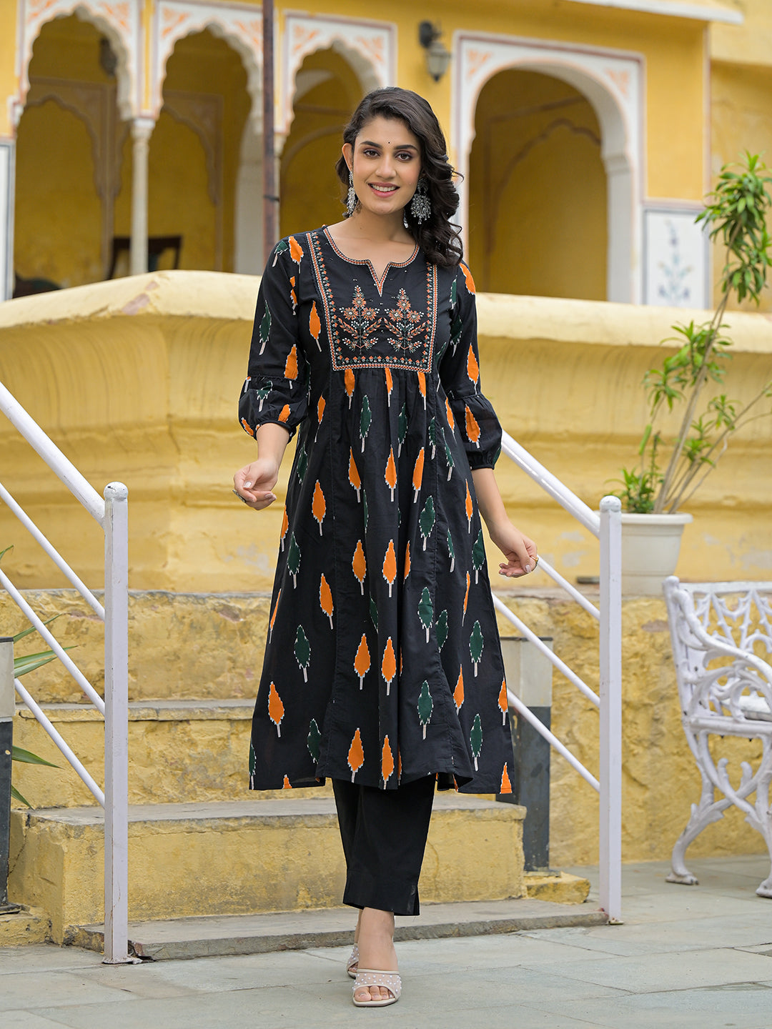 Noe Velarro Black Cotton Embroidery Kurta Pant Set with Dupatta